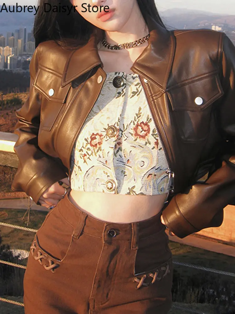 Coreano Cropped Brown Jaqueta De Couro Mulheres Punk Moda Zipper