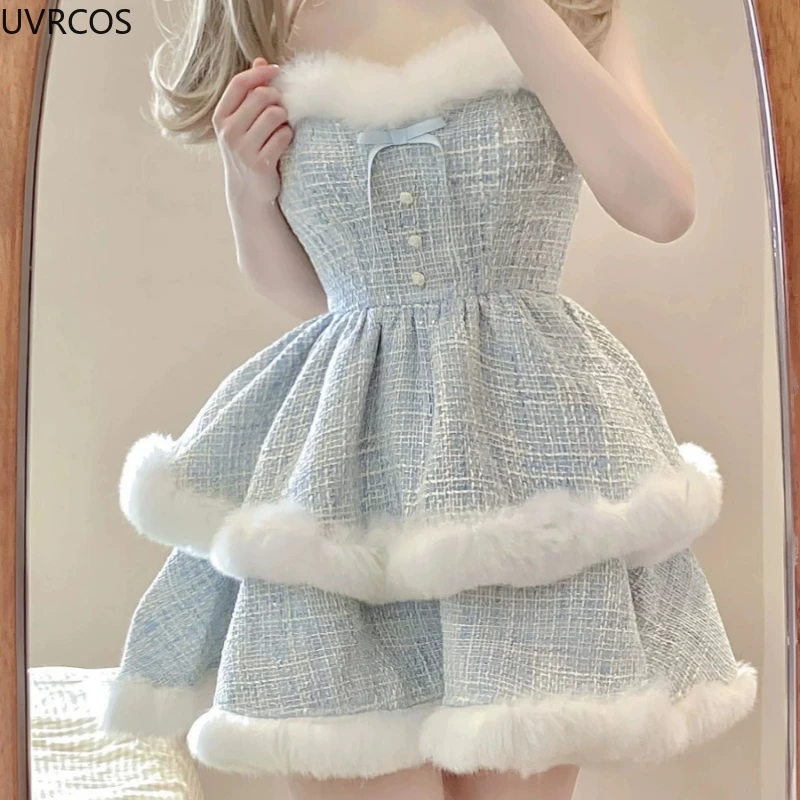 Korean Style Elegant Tweed Plaid Dress Sets Women Plush Patchwork Short Woolen Jackets Sexy Bow Mini Skirt Japanese Fashion Suit 4