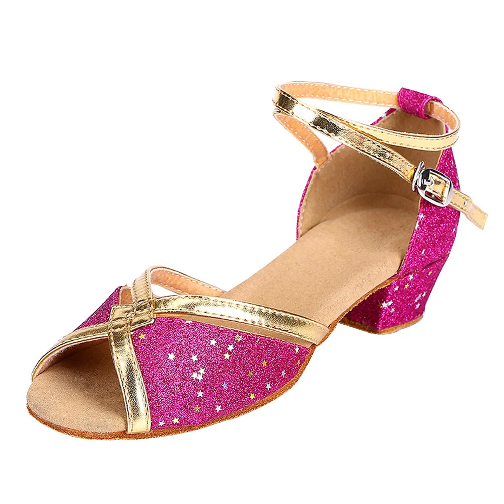 Girls Princess Shoes Sequined Latin Dance Shoes Peep-Toe Sandals Pumps with Heel Pearl Crystal Bling Kids School/Team Shoes