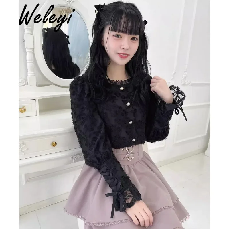 

Rojita Feather Strap Blouses Woman Sweet Exquisite Massed Production Japanese Style Cute Lolita Long Sleeve Shirt for Women 2024