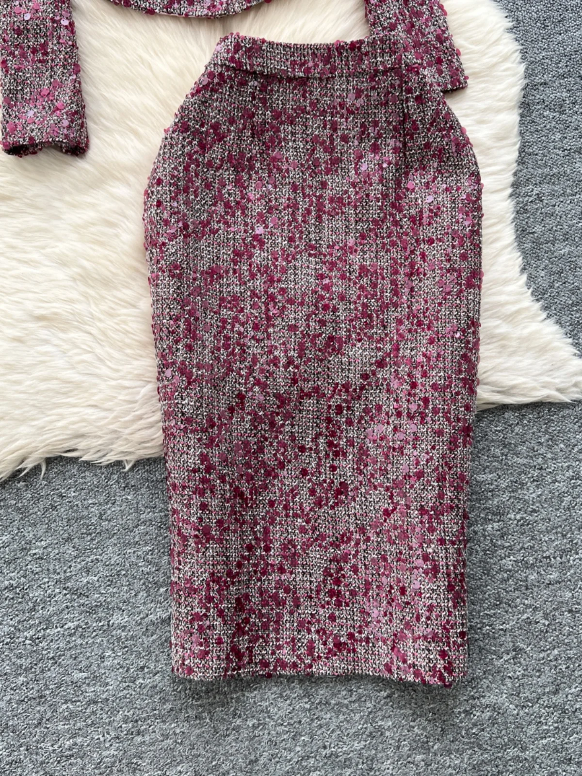 Celebrities Style Autumn Clothes Two-piece Sets Women's Clothing High-end Round Neck Sequined Jacket and Slim-fitting Skirt 3