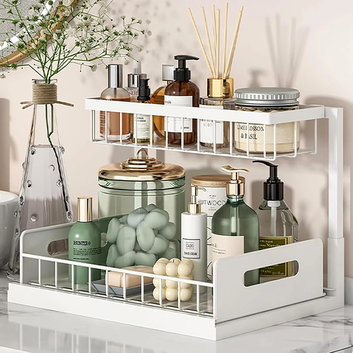 Carbon Steel Kitchen Shelf Double Space Saving Shelves Pull-out Design Countertop/Under Cabinet Dual Use