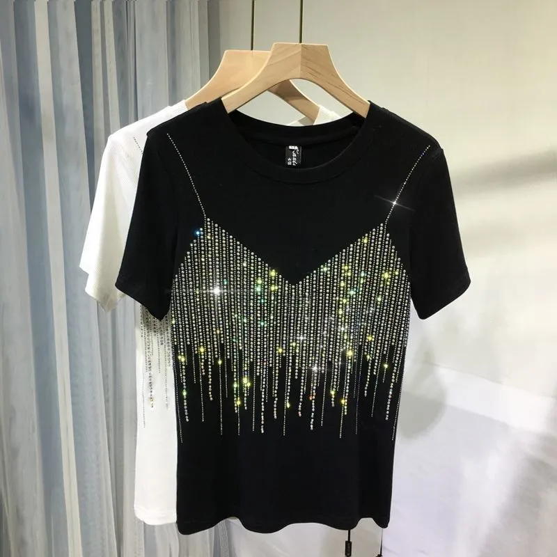 4XL Plus Size Chic Summer Diamond Short Sleeve T Shirt For Women Casual Solid Color O Neck T-shirt Ladies Streetwear Tees Top