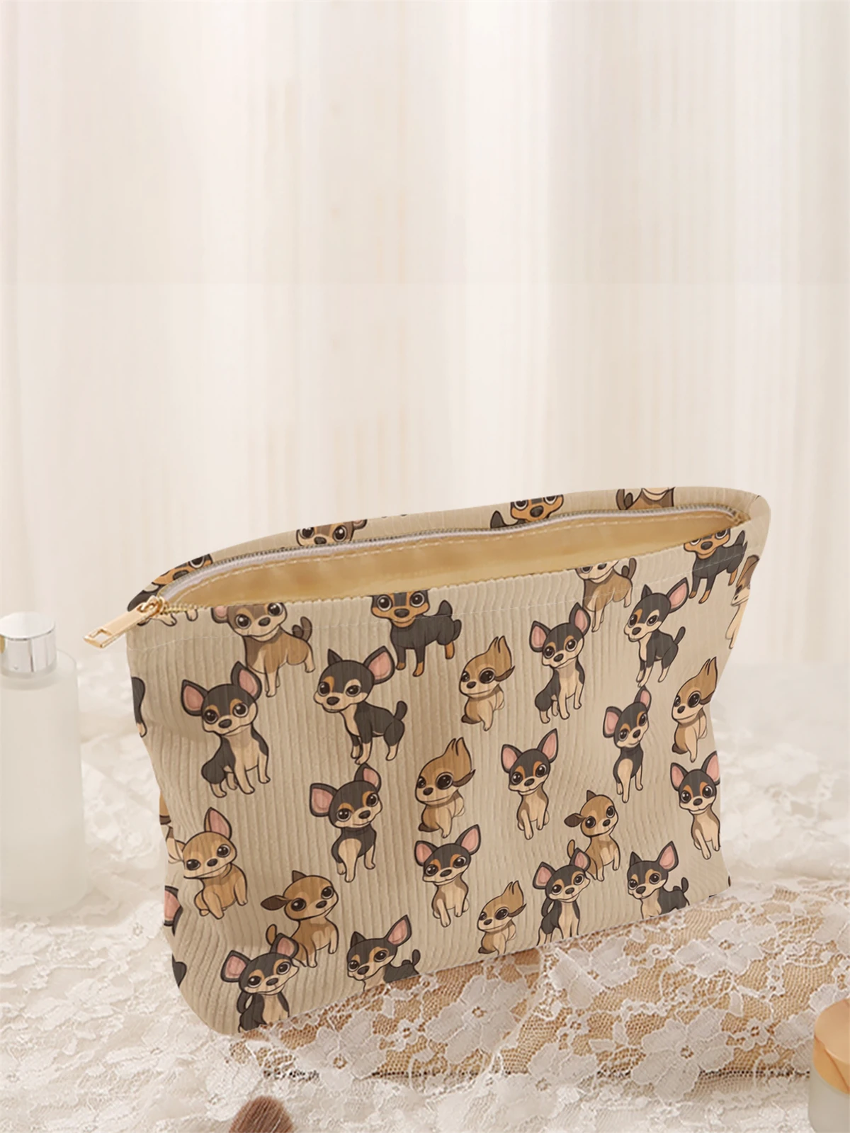 1 corduroy makeup bag with cartoon dog pattern, lightweight zipper makeup storage box, multifunctional bag with lining