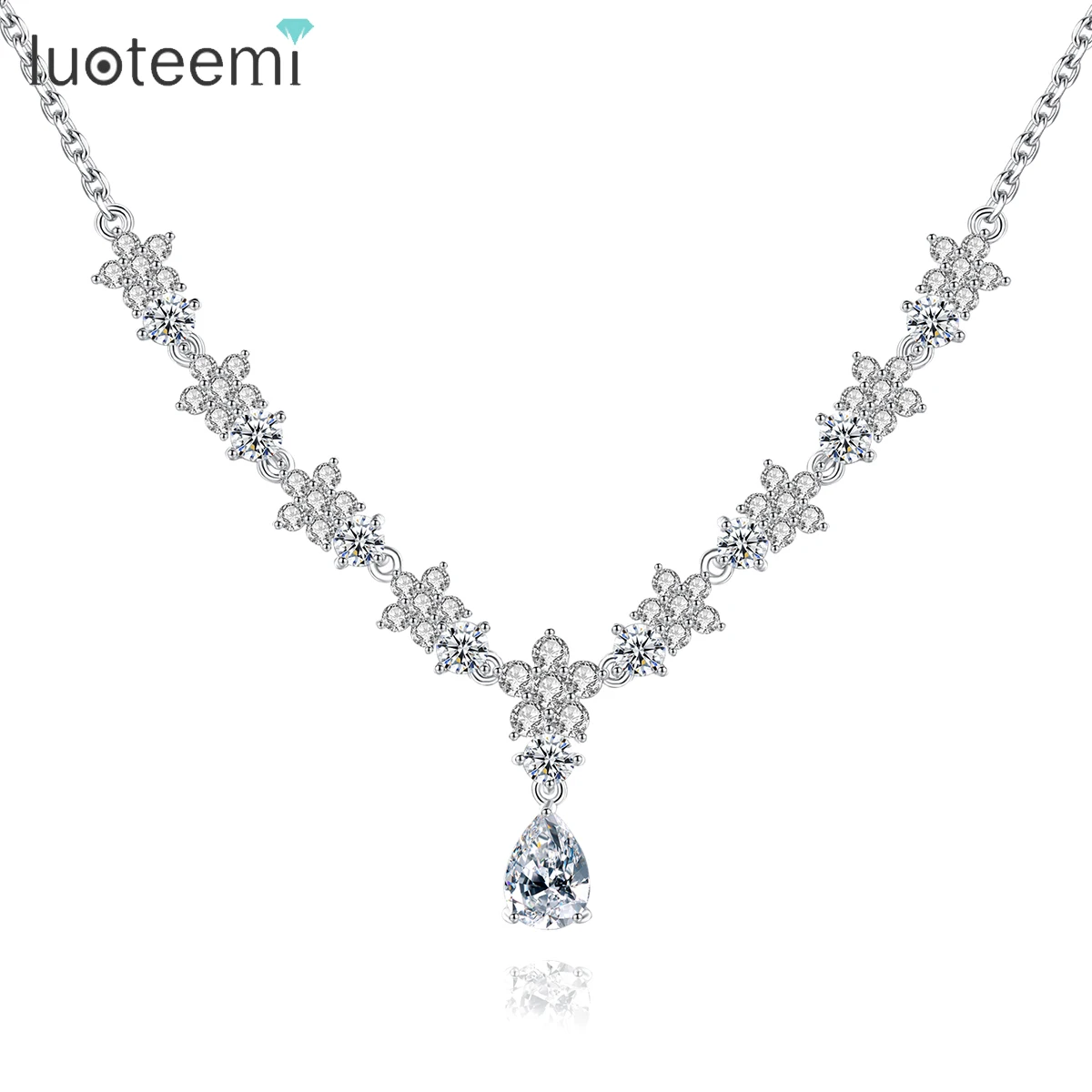LUOTEEMI Multiple Shinning Cubic Zirconia Flowers Wedding Bridal Necklace for Women Simple Big Waterdrop Luxury Christmas Gifts