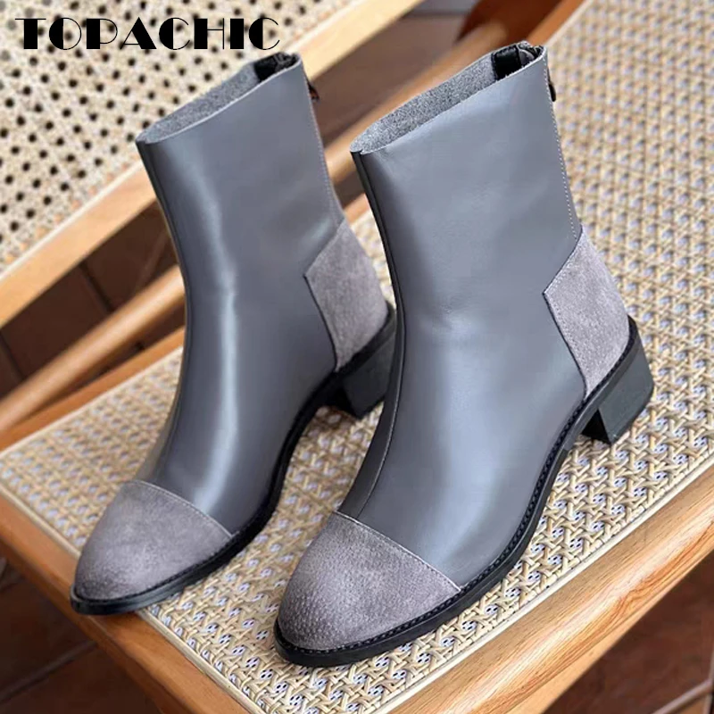 

12.17 TOPACHIC Women's Street Fashion Soft Ankle Boots Genuine Leather Patchwork Round Toe Heel Height 3.5cm Modern Boots