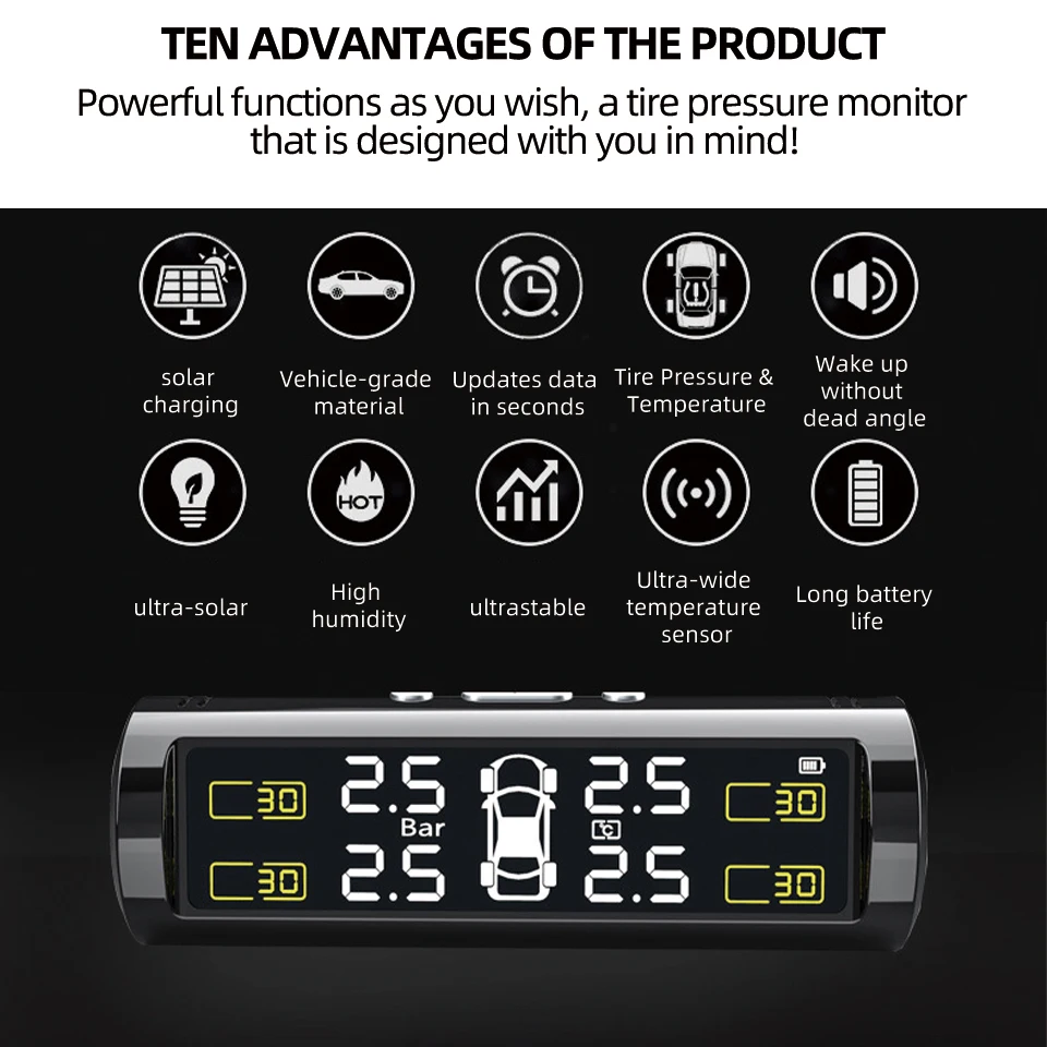 Car Tire Pressure Monitor TPMS Wireless Intelligent Sensing Tire Pressure Monitoring System Hidden Four-wheel Simultaneous Measurement Display