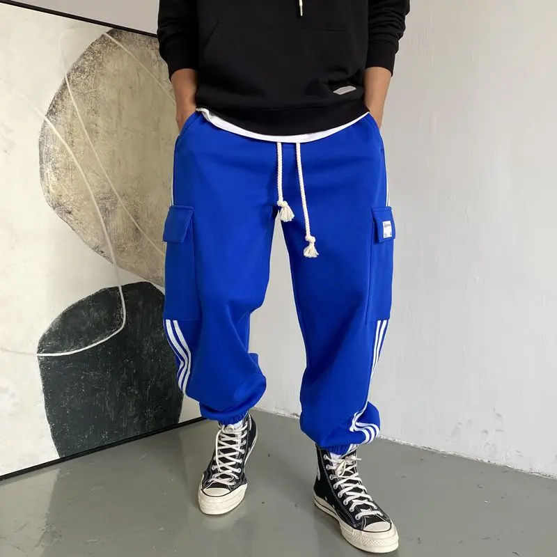 Men's Autumn and Winter Korean Patchwork Striped Pocket Loose Straight Haren Sports Drawstring Elastic High-waisted Casual Pants