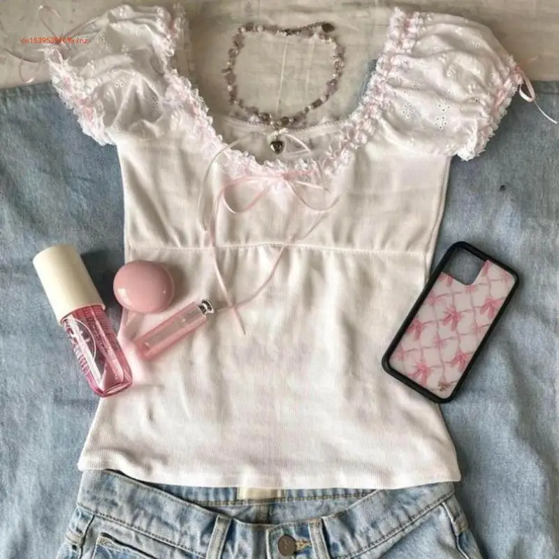 

Ribbed T-Shirt Bubble Short Sleeve Ruffle Lace Trim Bowknot Crop Top for Women