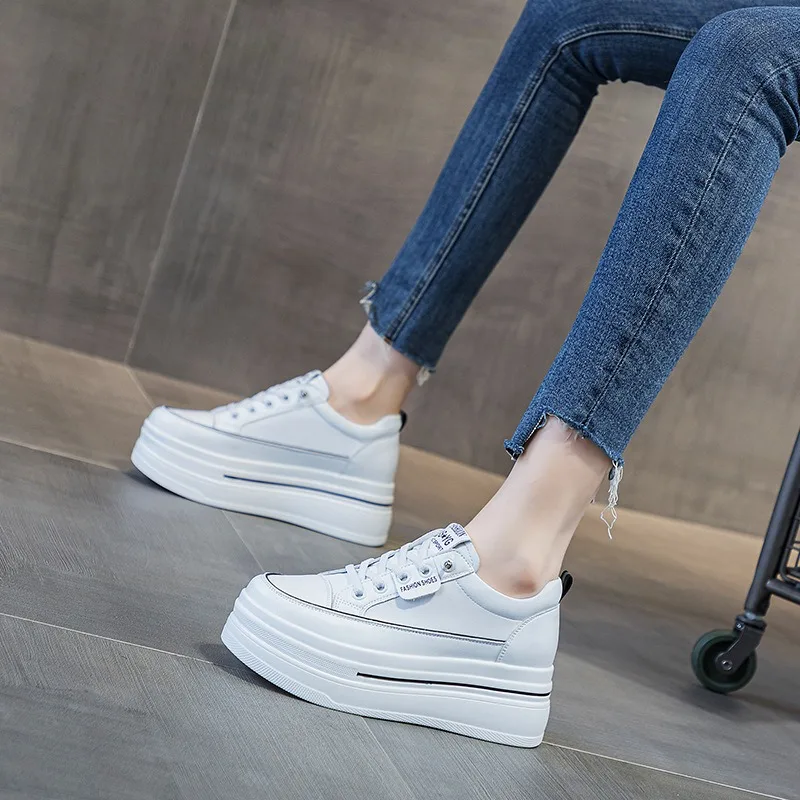 8.5cm Genuine Leather Women Autumn Hidden Heels Ladies Chunky Sneakers Thick Soled Spring Platform Wedge Summer Fashion Shoes 3