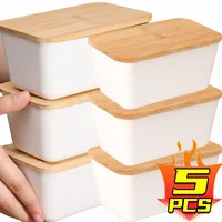 Butter Dish with Bamboo Lid Cover Rectangular Sealed Storage Box Restaurant Storage Plate Food Crisper Box for Countertop Fridge 1