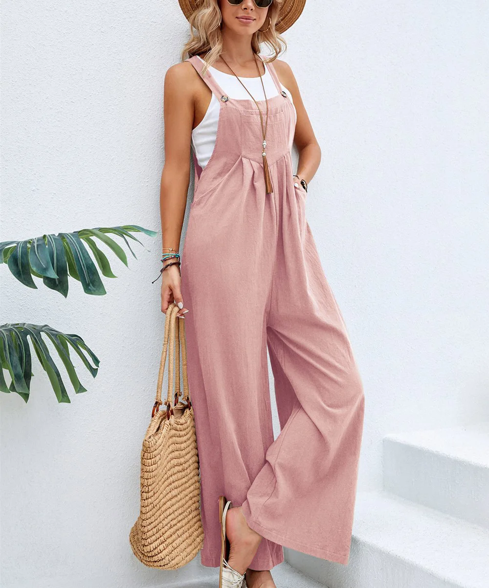 Cotton Casual Suspenders Women's Wear Loose Wide Leg Pants Solid Color Fashion One Piece Pants Straight Cylindrical Jumpsuit