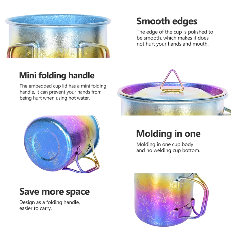 Boundless Voyage Ultralight Titanium Cup with Lid Outdoor Camping Folding Water Tea Coffee Cup Colourful Teacup 15oz Ti3055D