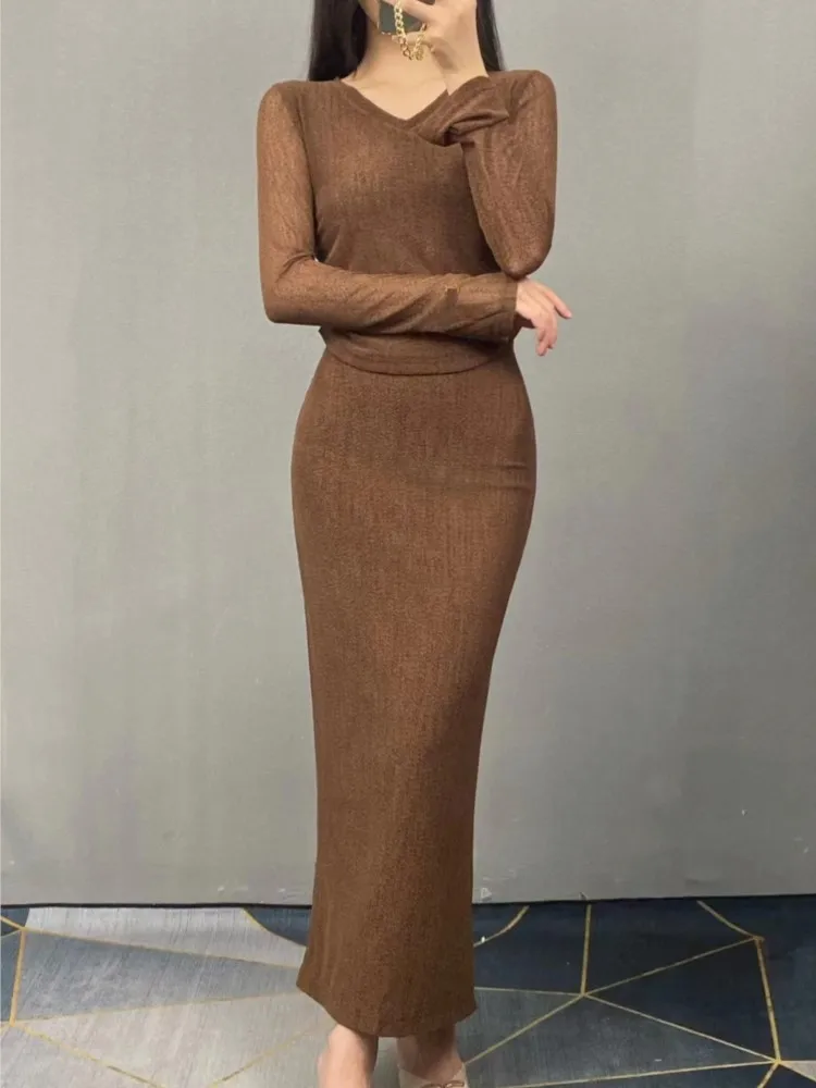 

Sexy Autumn Elegant Solid Fashion New Skirts Suit Women Vintage Slim Shirts Tops Bodycon Long Saya 2 Pieces Set Female Clothes