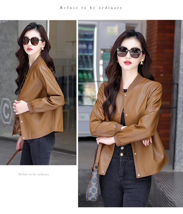New Women Casual Leather Jacket Spring Autumn Fashion Patchwork V-Neck Single Breasted Loose Short Outerwear Split Leather