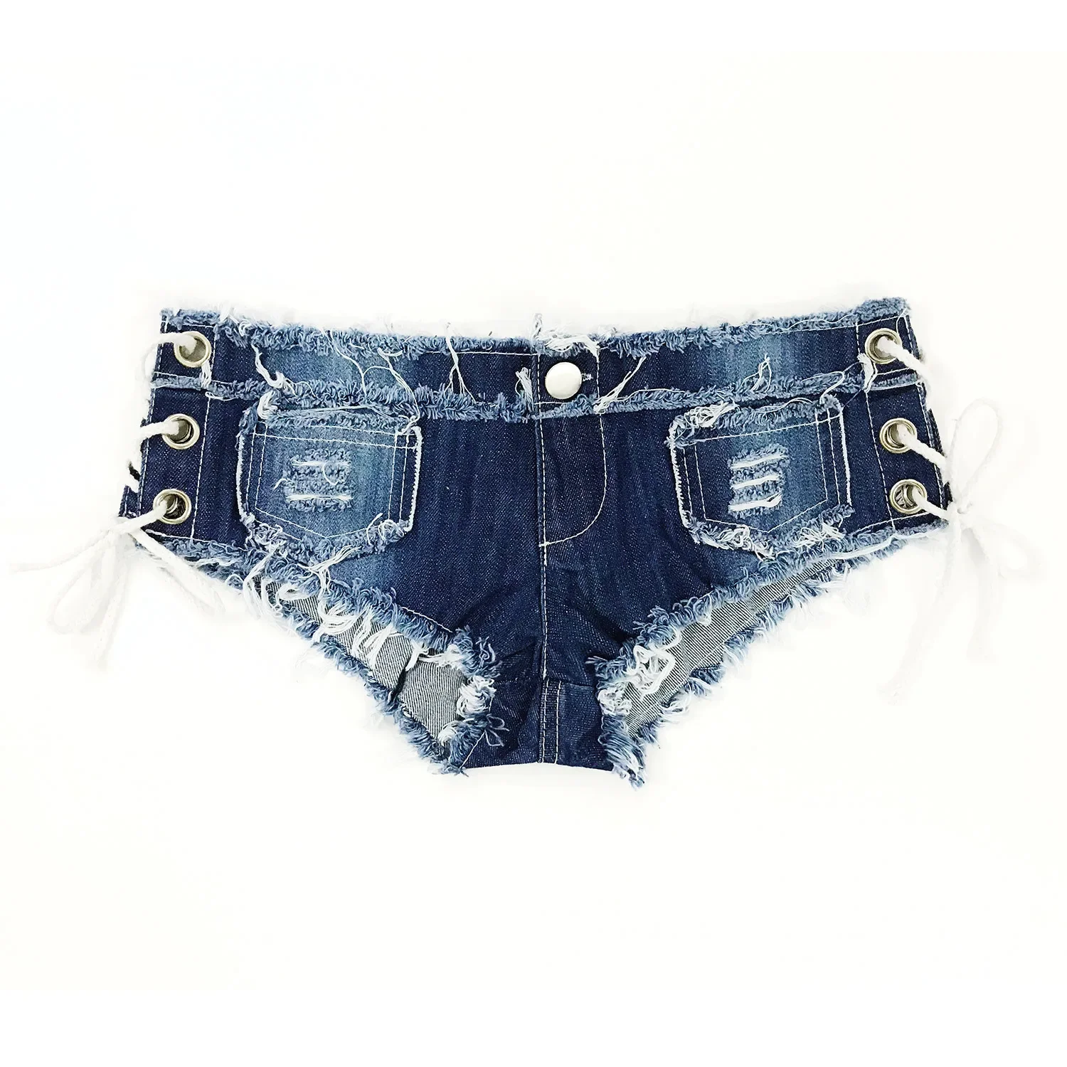 Low Waist Sexy Women's Shorts 2024 Summer Denim Bandage Splicing Hole Candy Color Ladies Skinny Nightclub DJ Super Short Jeans