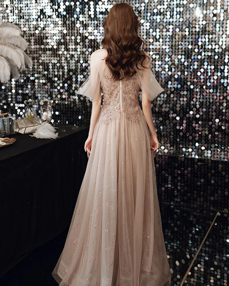 green emerald velvet dress Champagne Sequin-Print Long Prom Dress with Sheer Leg Champagne / 6 main image 0