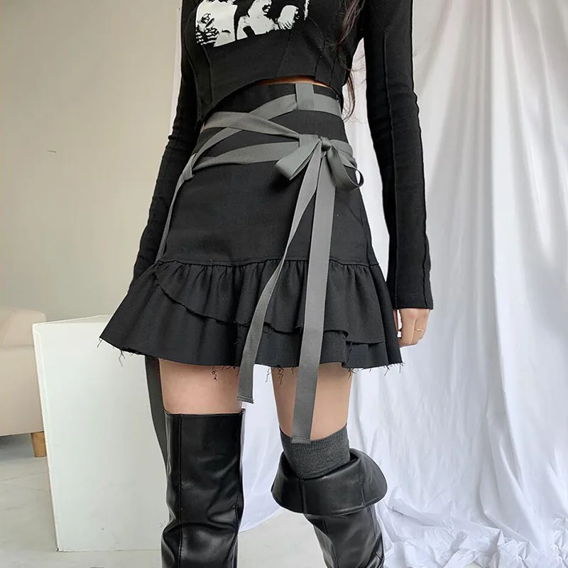 

Summer 2021 Y2k Ruffles Mini Skirts with Bandage Women Gothic Solid Colors High Waist Sexy Lace Up Skirts New Girl Streetwears