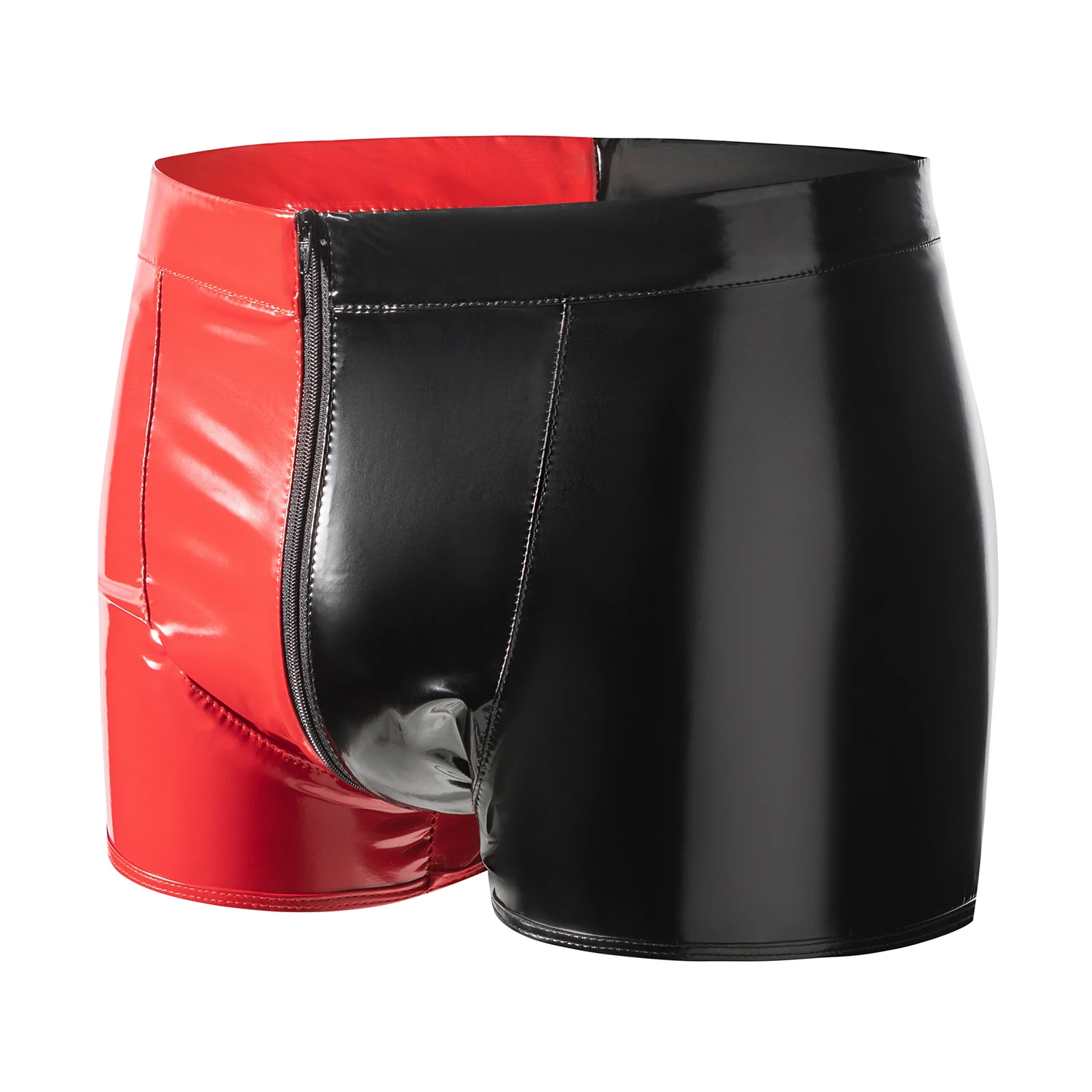 Male Glossy PU leather Boxer Underpants Sexy Zipper Open Crotch Lingerie For Men Shiny Leather Short Pants Crotchless Sexi