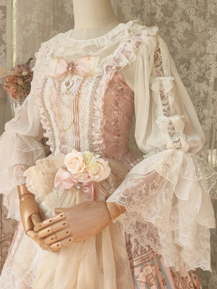 

Japanese Kawaii Lolita Blouse Women Victorian Vintage Bow Lace Embroidery Flare Sleeve Shirts Tops Female Elegant Inside Blouses