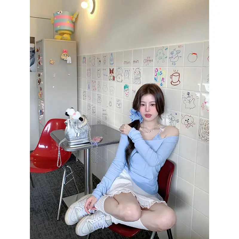 

Set female spring new pure desire style one-shoulder false two-piece long-sleeved Tshirt bottoming shirt top + half-body skirt