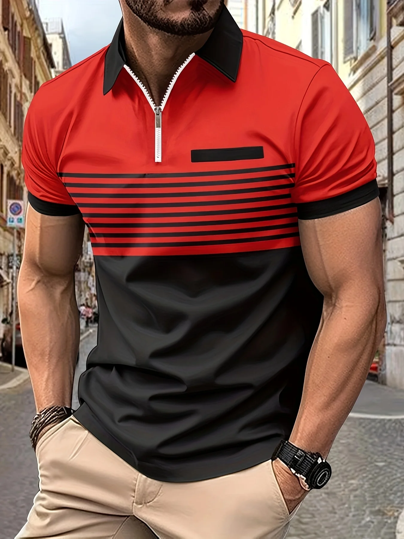 New Mens Polo Shirt Short Sleeve Zipper Casual 3D Stripe Print Soft Summer Tee