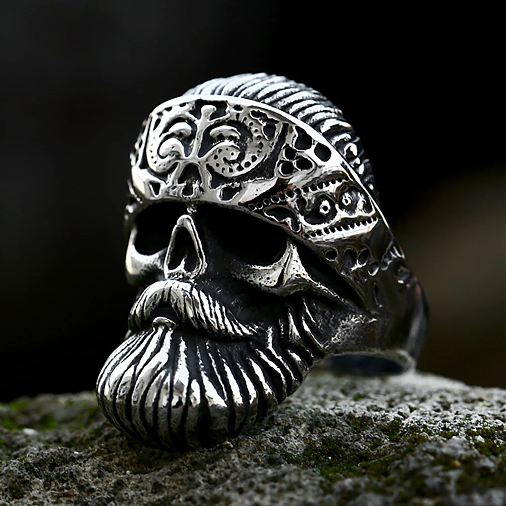 Retro Big Beard Wear Hat Skull Rings For Men Stainless Steel Cool