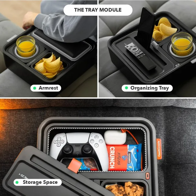 Discover the Original Tray - Your Perfect Sofa Caddy for Drinks and Snacks! Featuring an Armrest Table with a Phone Stand, it keeps your TV remote and organizer handy. 5