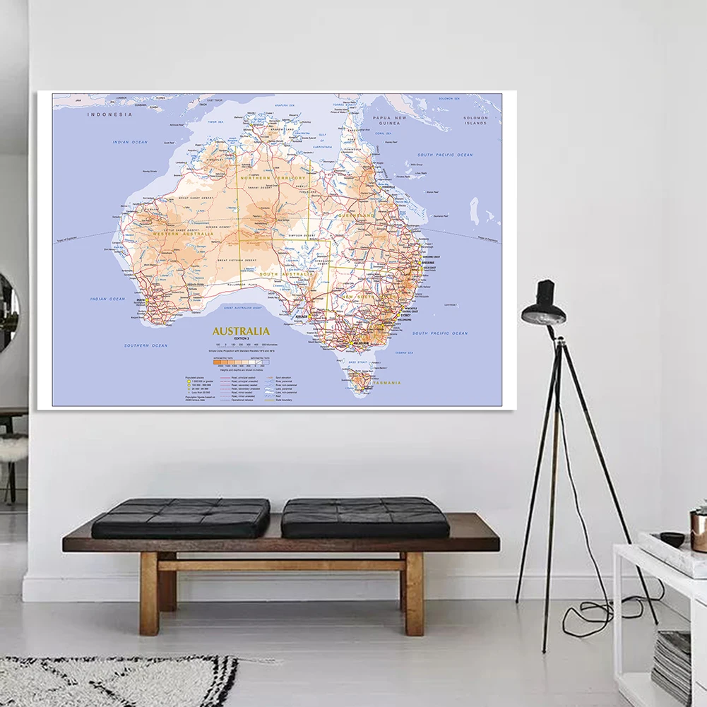 225*150cm The Australia Geography and Traffic Route Map Large Poster Non-woven Canvas Painting School Supplies Home Decoration