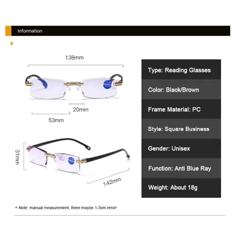 Retro Square Ultralight Rimless Anti-Blue Light Reading Glasses