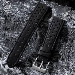Vintage Genuine Leather Watch Bands - Cowhide Straps, Breathable Bracelet, 18mm, 20mm, 22mm Sizes - 22mm (Matte Black)