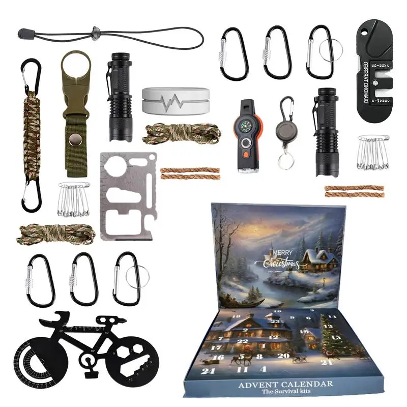 Survival Kit Advent Calendar Christmas Countdown Calendar Survival Tools with Parachute Cord Flashlight Hiking Camping Supplies