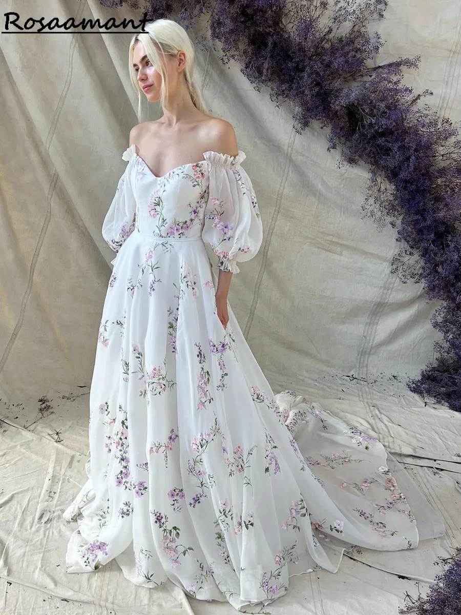 

Print Flower Wedding Dresses Bohemian Illusion Lace Appliqued Chiffon Bridal Gowns Beach V-Neck A Line Robes De Mariée
