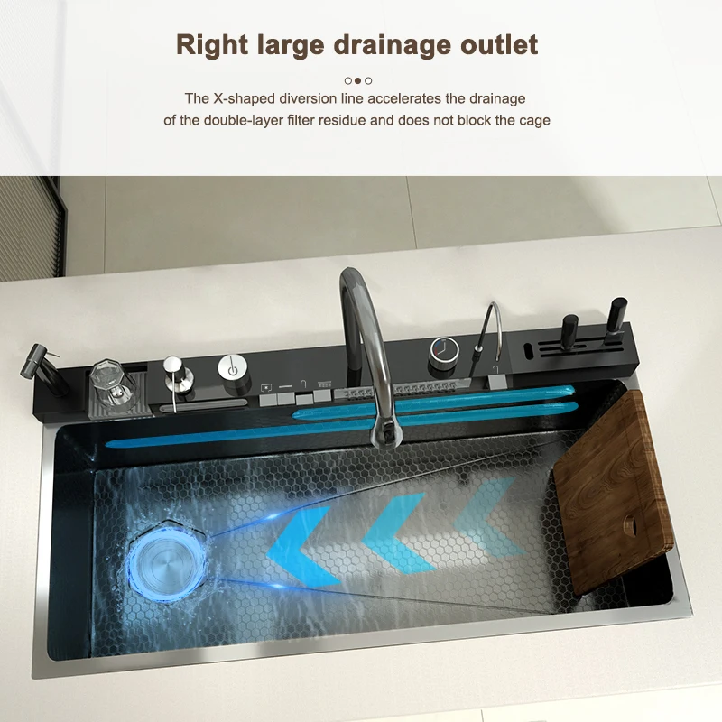 Stainless Steel Golden Kitchen Sink Multifunctional Waterfall Outlet Single Slot Piano Button Digital Display