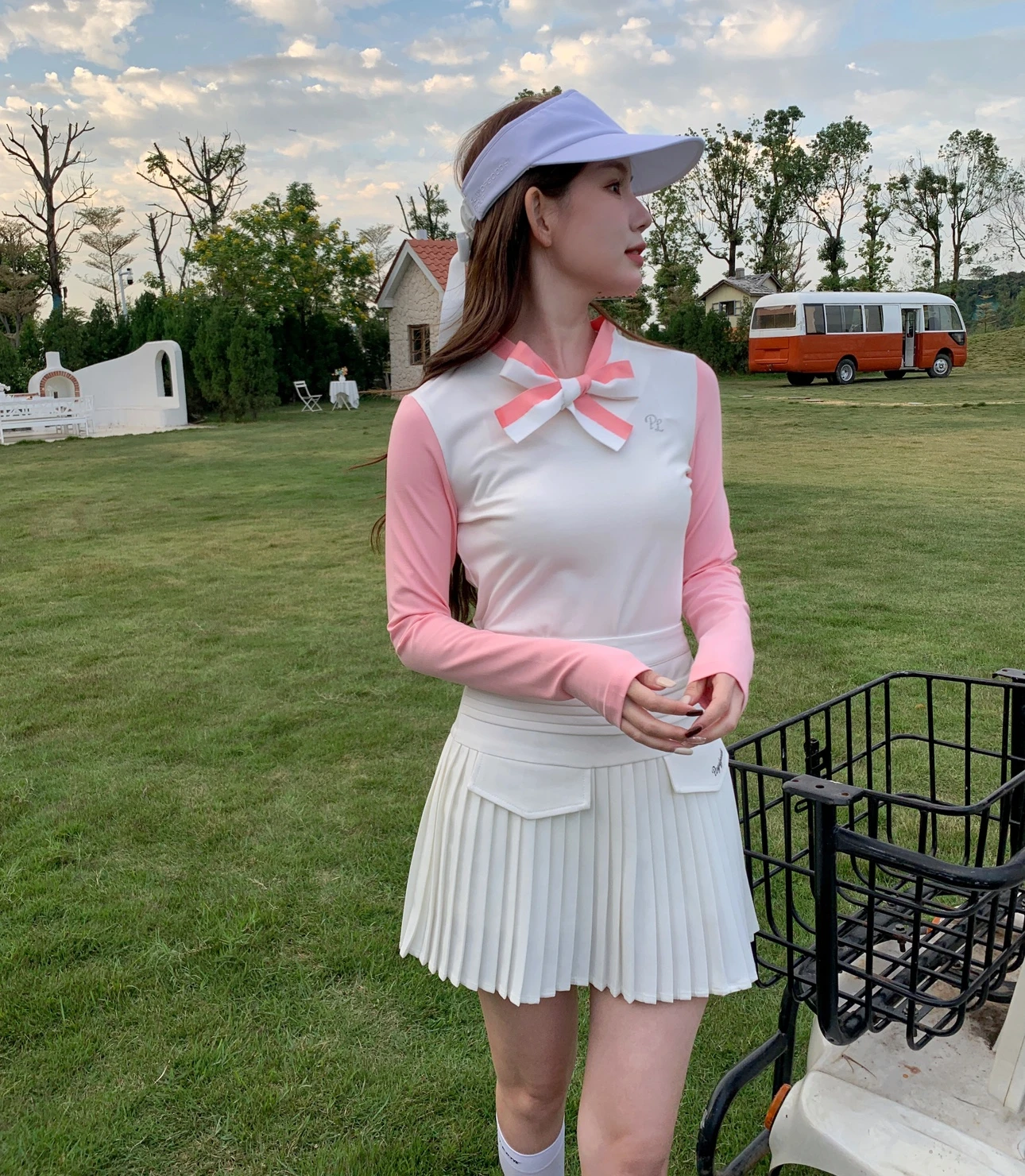 Spring Autumn Golf Clothing Women's Long Sleeved Shirt Bowknot Tie Sports Top Tennis Pleated Skirt Ladies Top Skort Suit