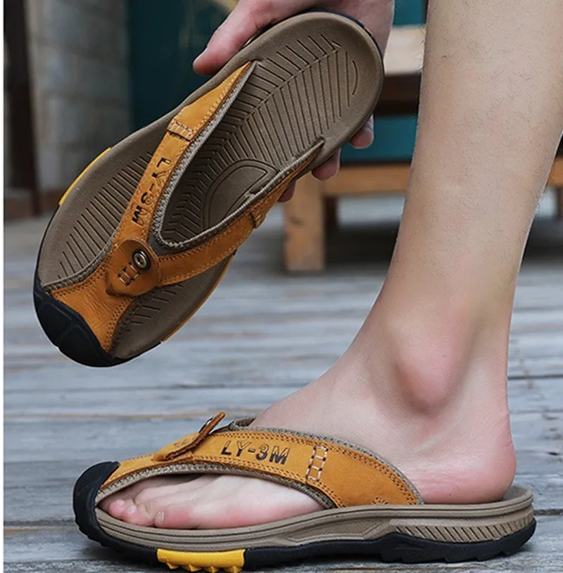 Large Size Sandals Slippers Men 2024 Summer Men's Tide Wear Clip Toe Wear Genuine Cow Leather Outdoor Beach Shoes Flip Flops