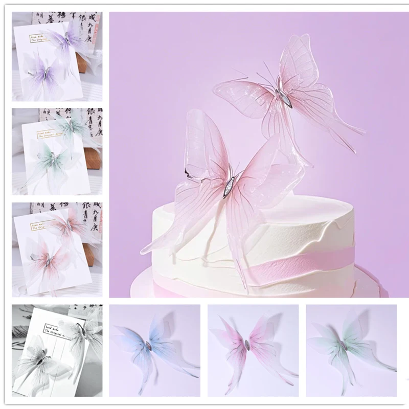 Neuer Doppel-Seiden-Schmetterling Happy Birthday Tortendekoration Rosa Blau DIY Hochzeit Party Cupcake Topper Dessert Geschenk Heimdekoration