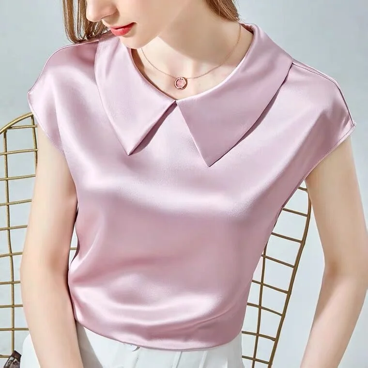 

2023 French elegant Ice silk Shirt Short Sleeve plus size artificial silk tops Acetate satin Blouse Doll Collar White Girlish bl