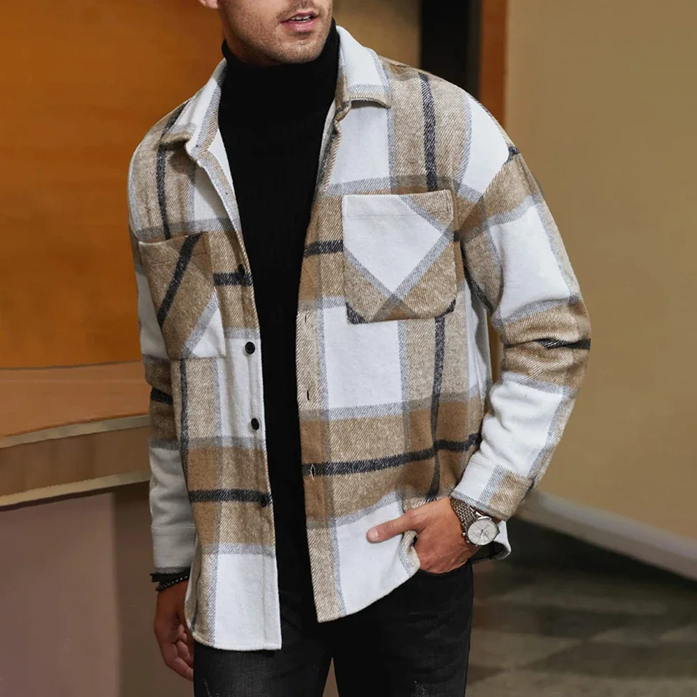 Fashion British Contrasting Color Lapel Cardigan 2024 Spring Autumn New Mens Jacket Casual Loose Pocket Long-Sleeved Shirt