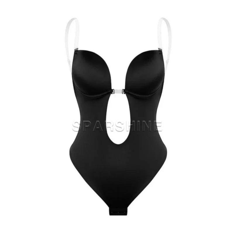 Women Sexy Deep V Waist Trainer Body Shaper Backless Bodysuit Clear Strap Flat Belly Push Up Padded Bra Shapewear