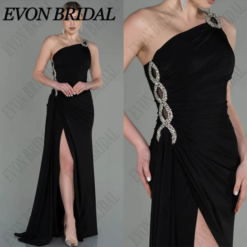 

EVON BRIDAL Black Mermaid Evening Dresses One Shoulder فساتين الحفلات Satin Crystal Slit Saudi Arabic Celebrity Party Prom Gowns