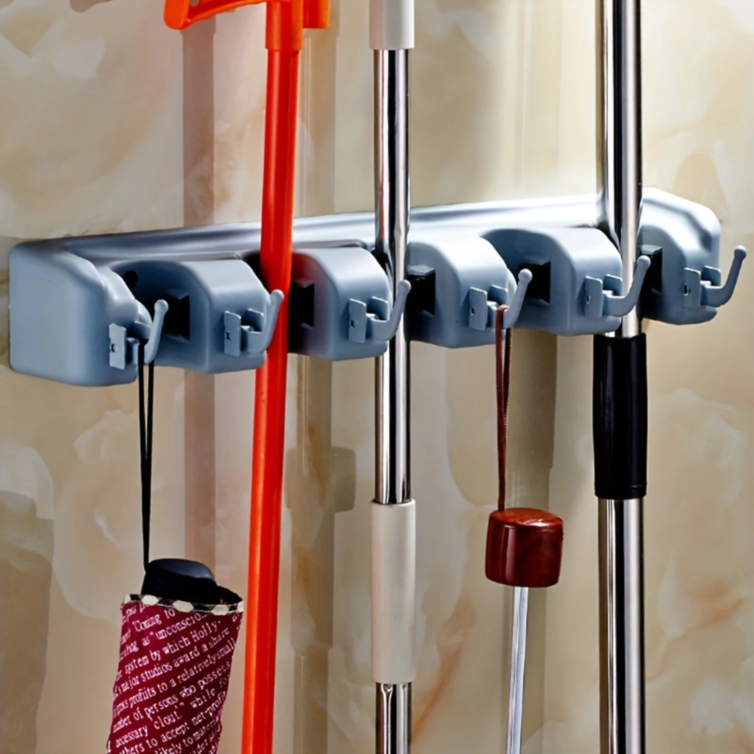 Mop Broom Holder Plastic Wall Mounted Row Clip Hook Wall Hanging Rack Hook Simple Punching Installation 1set