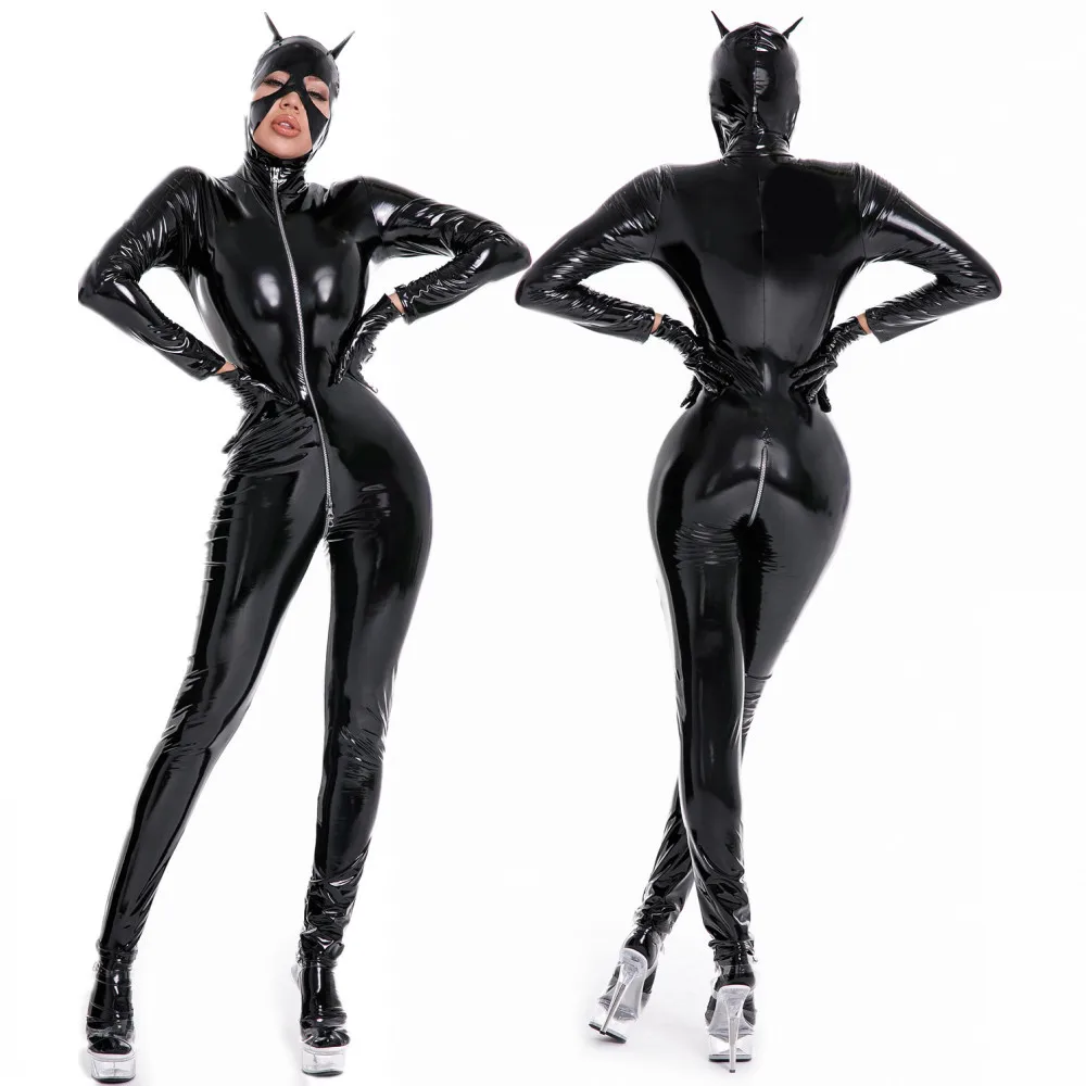 

Plus Size Wetlook Latex Catsuit Faux Leather Jumpsuits with Cat Women Mask Sexy Bodycon Erotic Open Crotch Bodysuit Clubwear