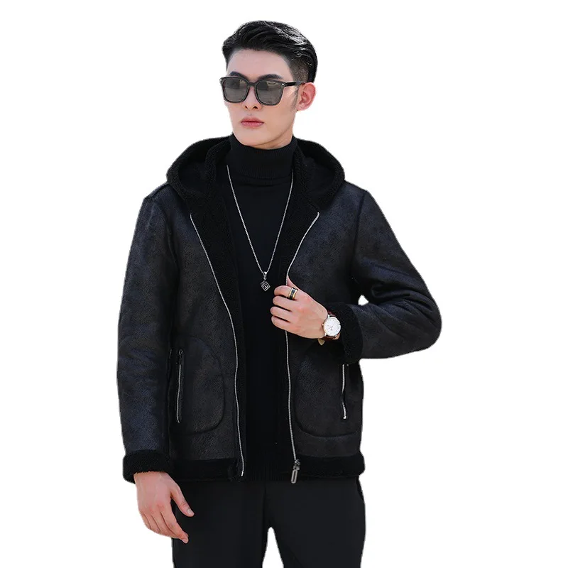 2022 Couples Wear Double Sided Grain Fleece Hooded Coat with Cashmere Thickened Suede Lamb Fur One Body Winter Warm Jacket Men