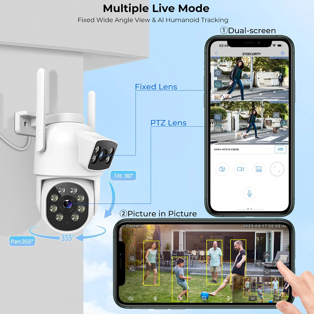 2MP+2MP Dual Lens Security Camera Outdoor WiFi PTZ IP Camera AI Human Detect Auto Tracking Wireless CCTV Camera CamHipro app 2