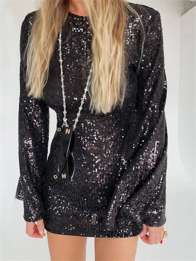 

Tossy Sequin Fashion Autumn Mini Dress Female Glitter See-Through Long Sleeve Elegant Club Party Dress Sparkle Ladies Dress 2023