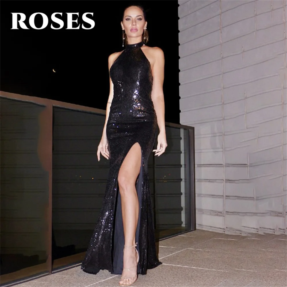 

ROSES Black Evening Dress Halter Trumpet Wrap Hips Party Dress with Pleats Satin Sleeveless Sequins 프롬드레스 Side Slit Prom Dress