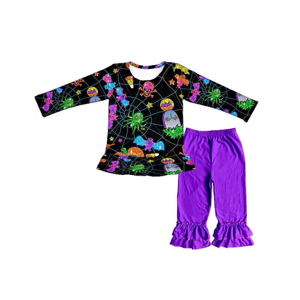 

Autumn Halloween baby girl children's dress Milk Silk Flower Farm pumpkin print long sleeve trousers casual style suit