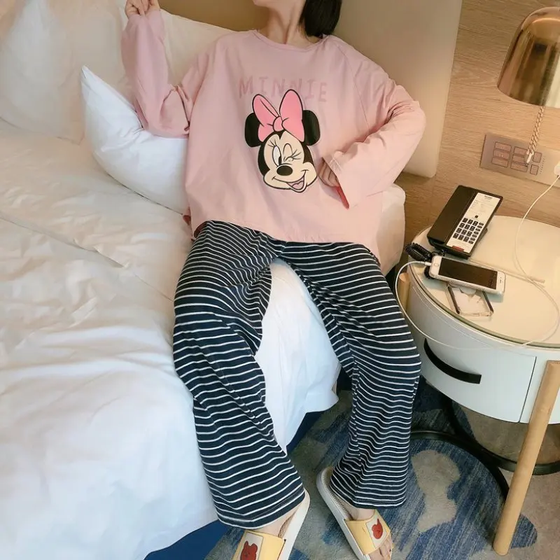 Disney Cartoon Mickey Minnie Donald Duck Pajamas Ladies Spring and Autumn Long Sleeve Pants Cute Print Pajamas Homewear 2pcs Set