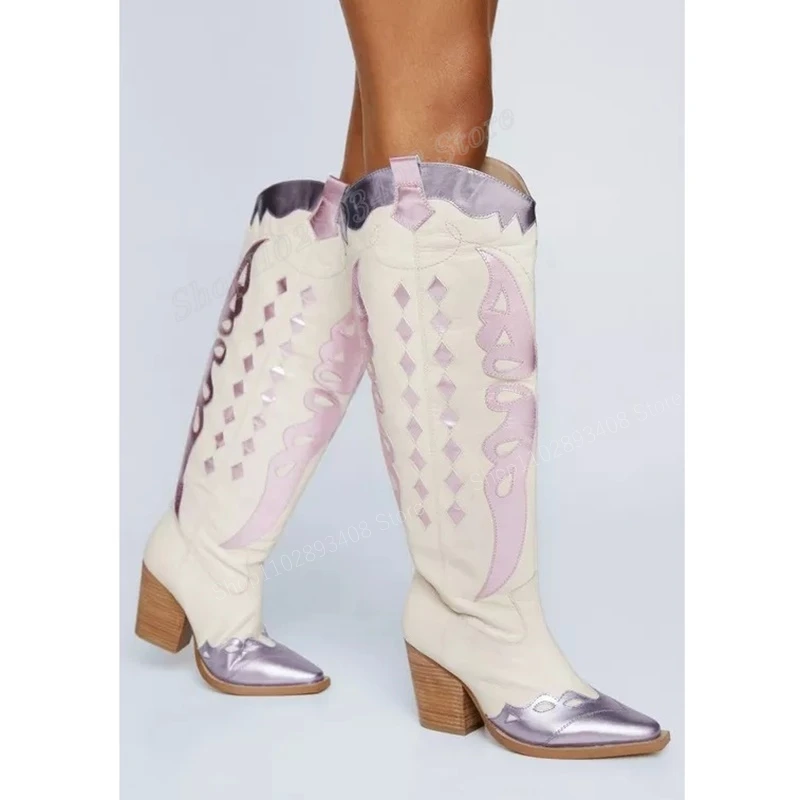 

Mixed Color Butterfly Print Knee High Boots Pointed Toe Chunky Heel Knight Women Shoes 2023 Fashion Sexy Zapatos Para Mujere